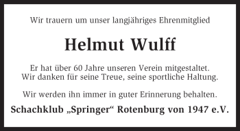 Traueranzeige von Helmut Wulff von KREISZEITUNG SYKE