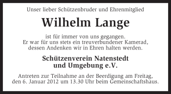 Traueranzeige von Wilhelm Lange von KREISZEITUNG SYKE