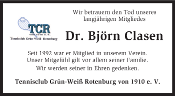 Traueranzeige von Björn Clasen von KRZ