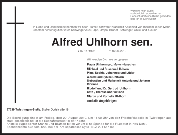 Traueranzeige von Alfred Uhlhorn von KREISZEITUNG SYKE