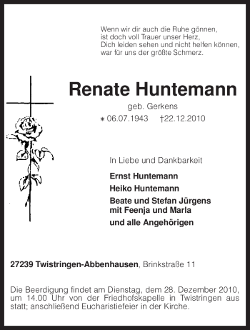 Traueranzeige von Renate Huntemann von KREISZEITUNG SYKE