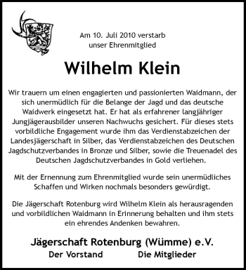 Traueranzeige von Wilhelm Klein von KREISZEITUNG SYKE