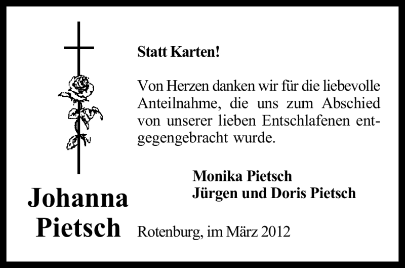  Traueranzeige für Johanna Pietsch vom 02.03.2012 aus KREISZEITUNG SYKE