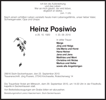 Traueranzeige von Heinz Posiwio von KREISZEITUNG SYKE