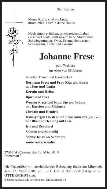 Traueranzeige von Johanne Frese von KREISZEITUNG SYKE