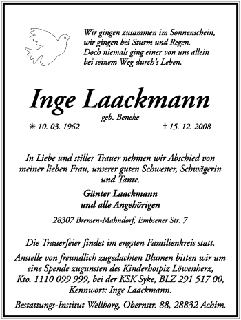 Traueranzeige von Inge Laackmann von KREISZEITUNG SYKE