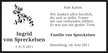 Traueranzeige von Ingrid von Spreckelsen von KREISZEITUNG SYKE