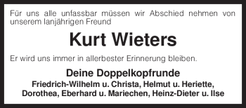 Traueranzeige von Kurt Wieters von KREISZEITUNG SYKE