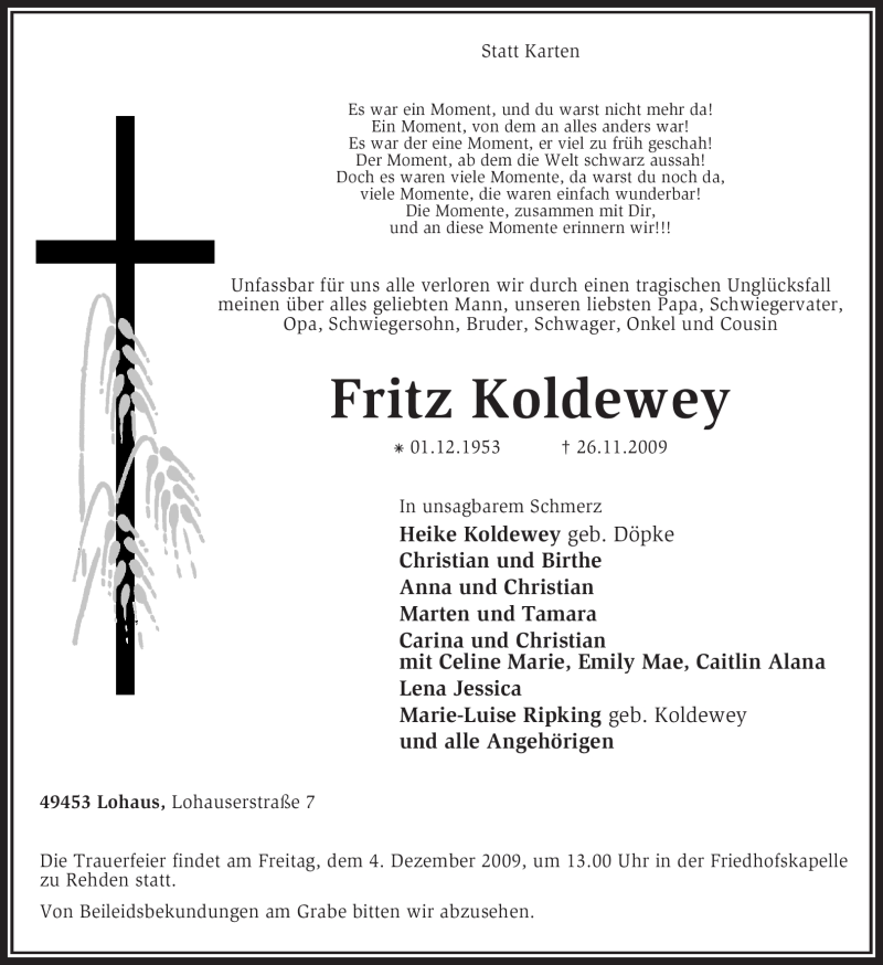  Traueranzeige für Fritz Koldewey vom 02.12.2009 aus KREISZEITUNG SYKE