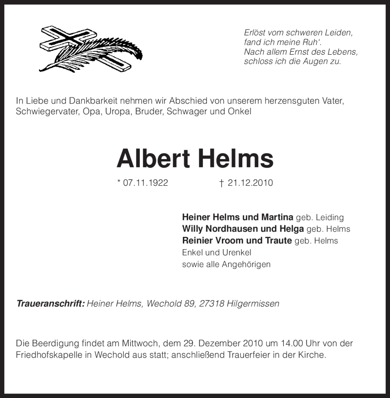  Traueranzeige für Albert Helms vom 23.12.2010 aus KREISZEITUNG SYKE