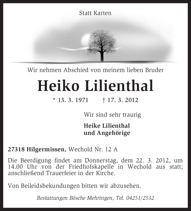  Traueranzeige für Heiko Lilienthal vom 19.03.2012 aus KREISZEITUNG SYKE