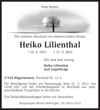 Traueranzeige von Heiko Lilienthal von KREISZEITUNG SYKE