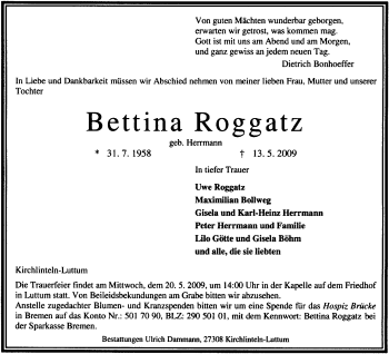 Traueranzeige von Bettina Roggatz von KREISZEITUNG SYKE