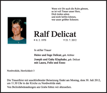 Traueranzeige von Ralf Delicat von KREISZEITUNG SYKE