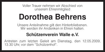 Traueranzeige von Dorothea Behrens von KREISZEITUNG SYKE