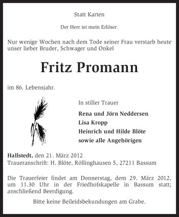 Traueranzeige von Fritz Promann von KREISZEITUNG SYKE