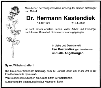 Traueranzeige von Hermann Kastendiek von KREISZEITUNG SYKE