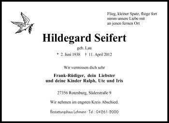 Traueranzeige von Hildegard Seifert von KREISZEITUNG SYKE