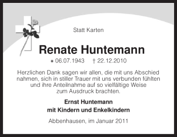 Traueranzeige von Renate Huntemann von KREISZEITUNG SYKE