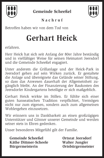 Traueranzeige von Gerhart Heick von KREISZEITUNG SYKE