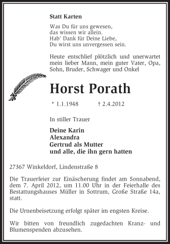 Traueranzeige von Horst Porath von KREISZEITUNG SYKE