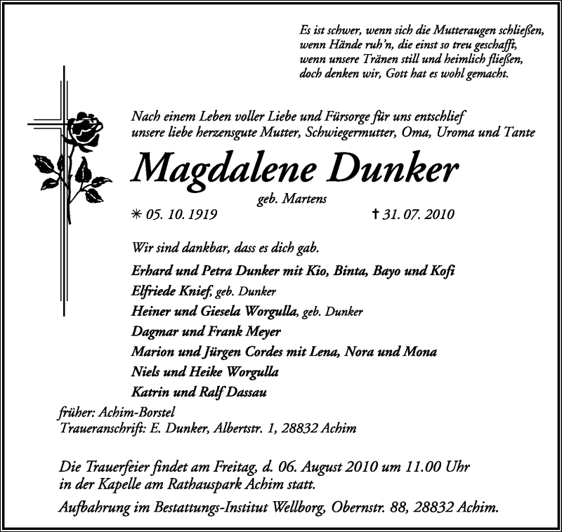  Traueranzeige für Magdalene Dunker vom 04.08.2010 aus KREISZEITUNG SYKE