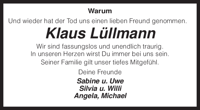  Traueranzeige für Klaus Lüllmann vom 12.09.2009 aus KREISZEITUNG SYKE