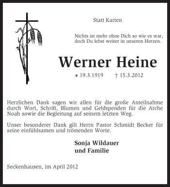 Traueranzeige von Werner Heine von KREISZEITUNG SYKE