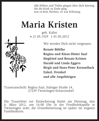 Traueranzeige von Maria Kristen von KREISZEITUNG SYKE