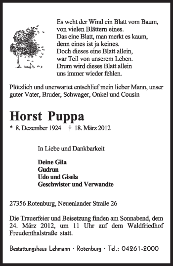 Traueranzeige von Horst Puppa von KREISZEITUNG SYKE