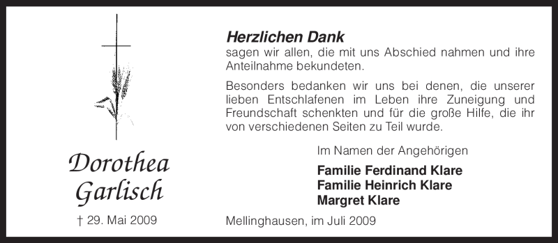  Traueranzeige für Dorothea Garlisch vom 04.07.2009 aus KREISZEITUNG SYKE