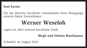 Traueranzeige von Werner Weseloh von KREISZEITUNG SYKE