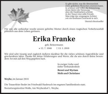 Traueranzeige von Erika Franke von KREISZEITUNG SYKE