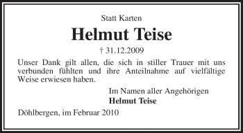 Traueranzeige von Helmut Teise von KREISZEITUNG SYKE