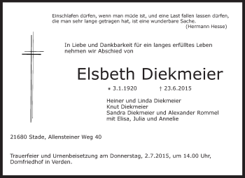 Traueranzeige von Elsbeth Diekmeier von KRZ