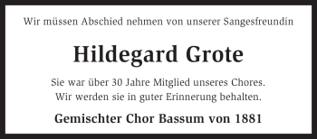 Traueranzeige von Hildegard Grote von KREISZEITUNG SYKE