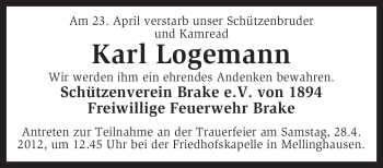 Traueranzeige von Karl Logemann von KREISZEITUNG SYKE