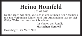 Traueranzeige von Heino Homfeld von KREISZEITUNG SYKE