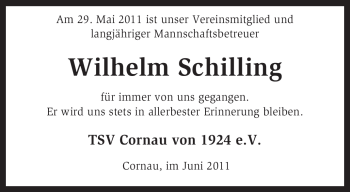 Traueranzeige von Wilhelm Schilling von KREISZEITUNG SYKE