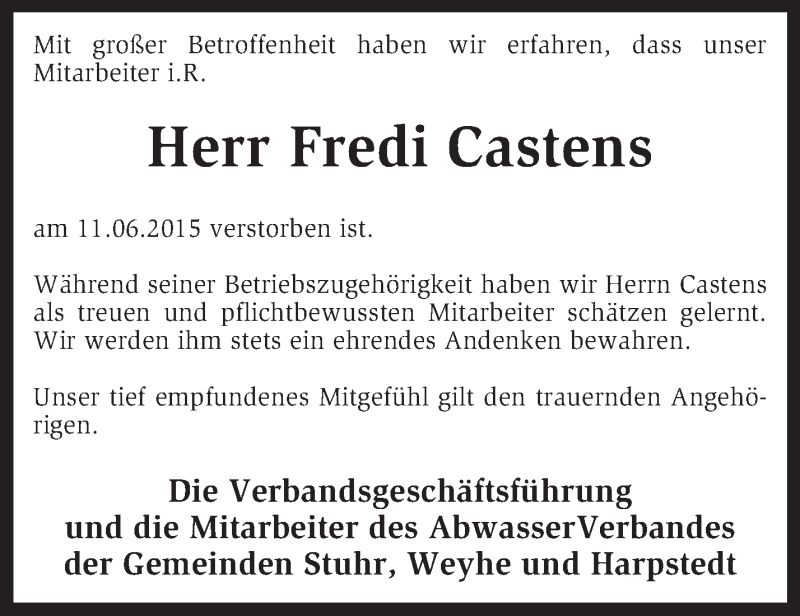  Traueranzeige für Fredi Castens vom 16.06.2015 aus KRZ