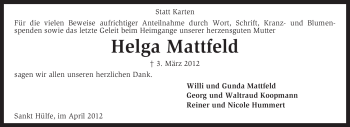 Traueranzeige von Helga Mattfeld von KREISZEITUNG SYKE