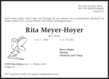 Traueranzeige von Rita Meyer-Hoyer von KREISZEITUNG SYKE