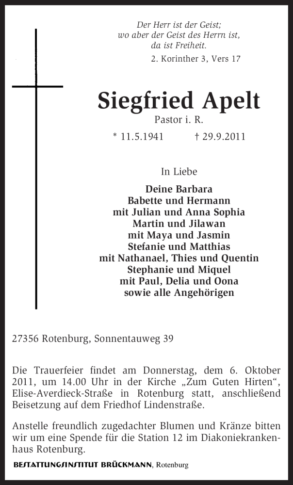  Traueranzeige für Siegfried Apelt vom 01.10.2011 aus KREISZEITUNG SYKE