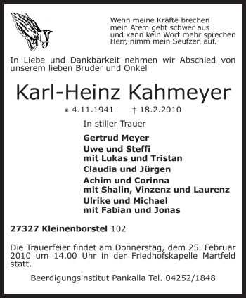 Traueranzeige von Karl-Heinz Kahmeyer von KREISZEITUNG SYKE