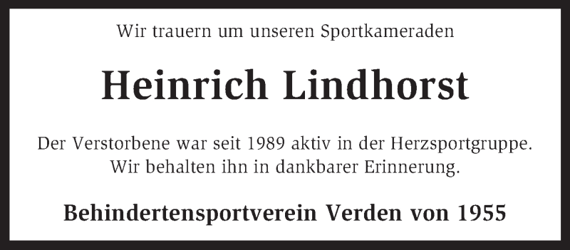  Traueranzeige für Heinrich Lindhorst vom 03.07.2015 aus KRZ