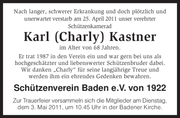 Traueranzeige von Karl Kastner von KREISZEITUNG SYKE