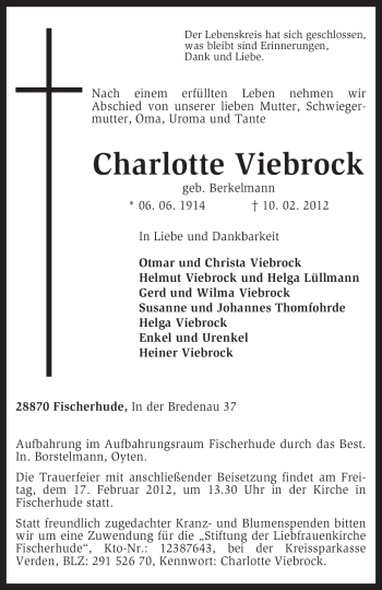 Traueranzeige von Charlotte Viebrock von KREISZEITUNG SYKE