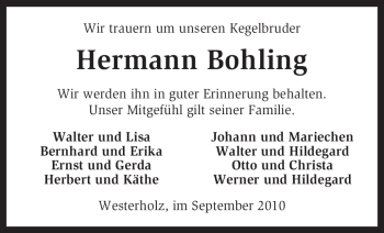 Traueranzeige von Hermann Bohling von KREISZEITUNG SYKE