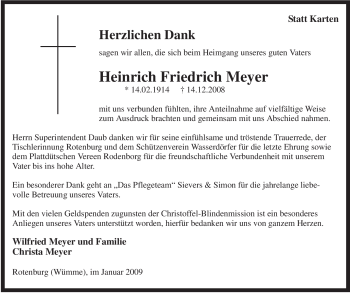 Traueranzeige von Heinrich Friedrich Meyer von KREISZEITUNG SYKE