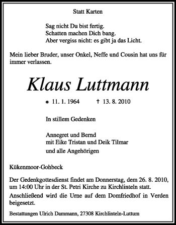 Traueranzeige von Klaus Luttmann von KREISZEITUNG SYKE